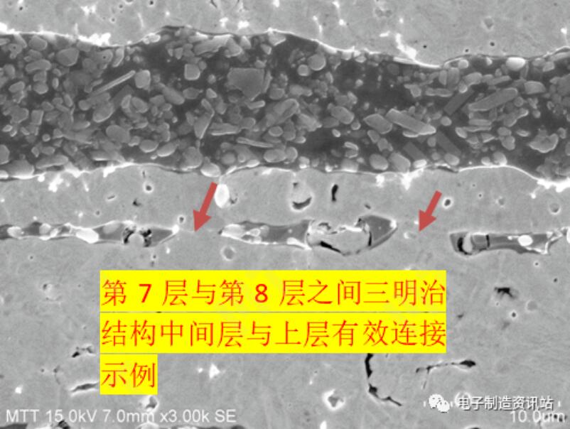 NG樣品三明治結構中間層與上層有效連接示例